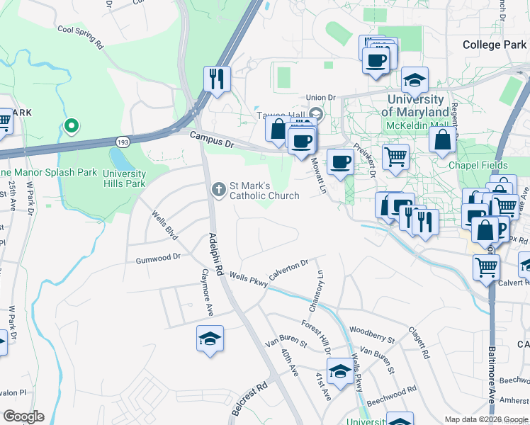 map of restaurants, bars, coffee shops, grocery stores, and more near 7238 Windsor Lane in Hyattsville