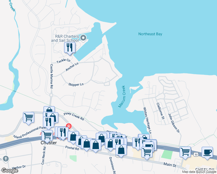 map of restaurants, bars, coffee shops, grocery stores, and more near 54B Queen Caroline Court in Chester