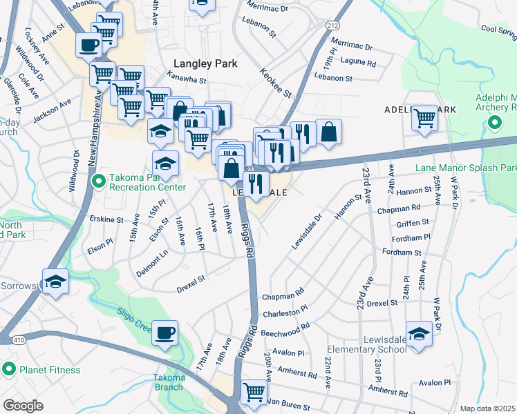 map of restaurants, bars, coffee shops, grocery stores, and more near 2031A University Boulevard East in Hyattsville