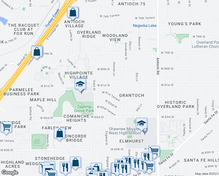 map of restaurants, bars, coffee shops, grocery stores, and more near 9305 West 81st Lane in Overland Park
