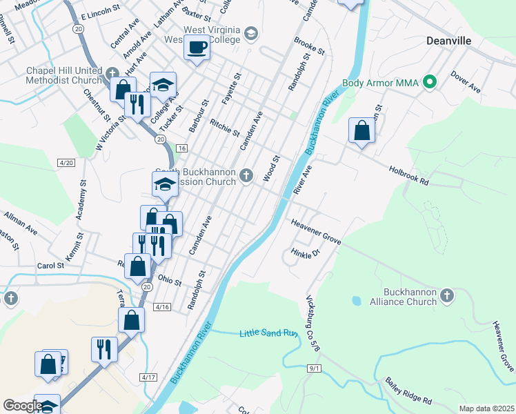map of restaurants, bars, coffee shops, grocery stores, and more near 152 Wood Street in Buckhannon