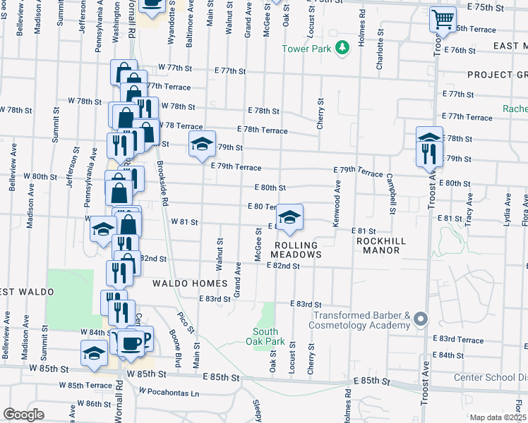 map of restaurants, bars, coffee shops, grocery stores, and more near 211 East 80 Terrace in Kansas City