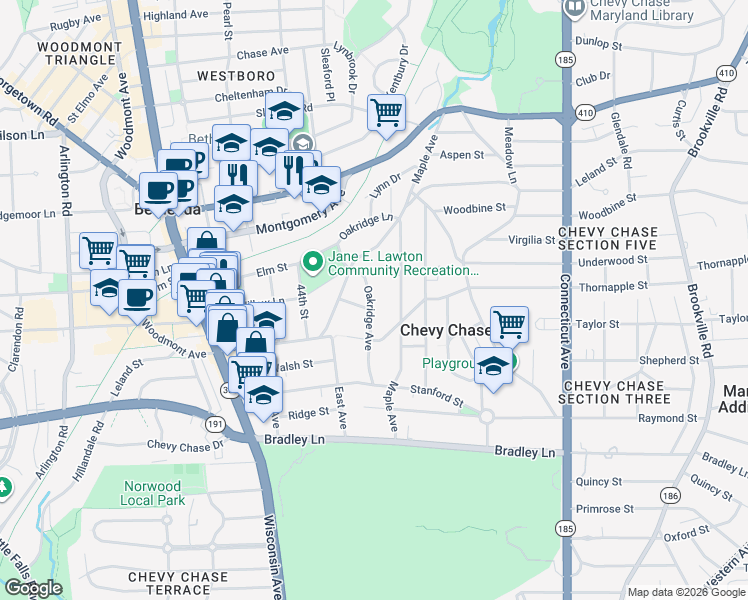 map of restaurants, bars, coffee shops, grocery stores, and more near 7203 Oakridge Avenue in Chevy Chase