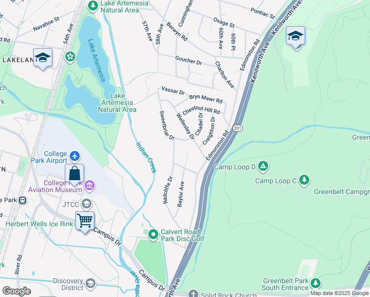 map of restaurants, bars, coffee shops, grocery stores, and more near 7410 Baylor Avenue in College Park