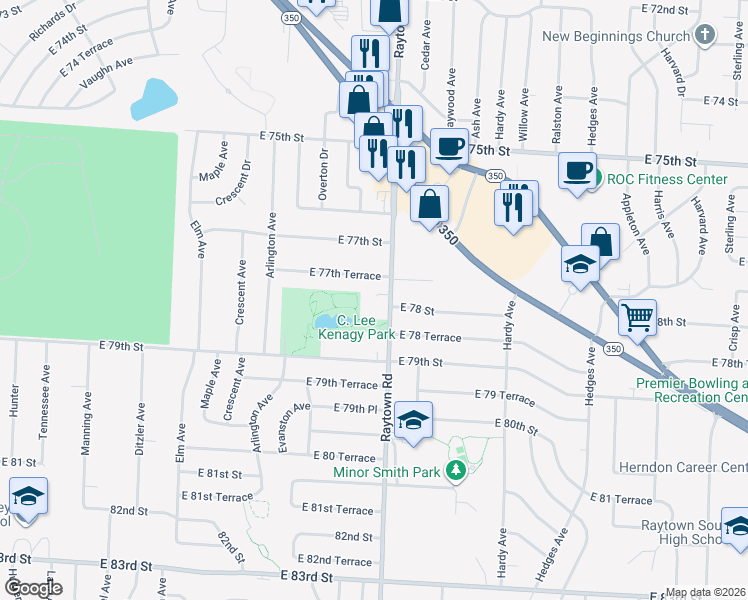 map of restaurants, bars, coffee shops, grocery stores, and more near 7730 Raytown Road in Raytown