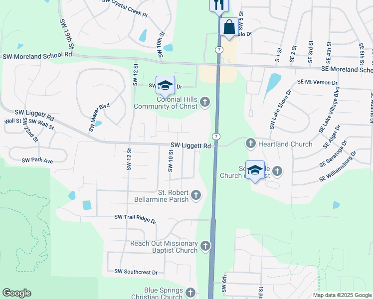 map of restaurants, bars, coffee shops, grocery stores, and more near 3800 Southwest 9 Street in Blue Springs