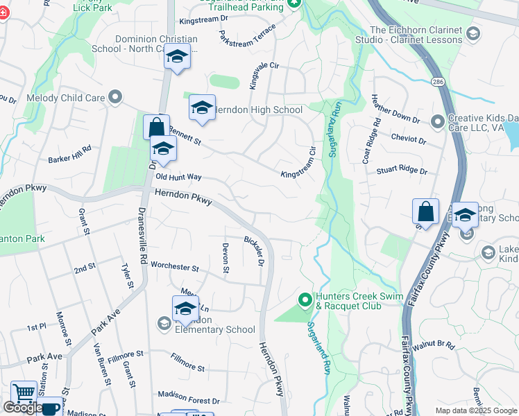 map of restaurants, bars, coffee shops, grocery stores, and more near 678 Old Hunt Way in Herndon