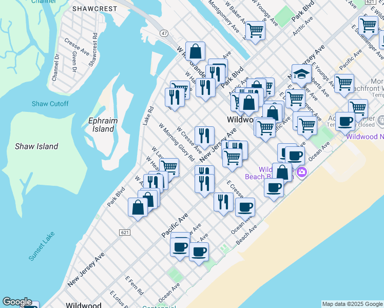 map of restaurants, bars, coffee shops, grocery stores, and more near 112 West Cresse Avenue in Wildwood Crest