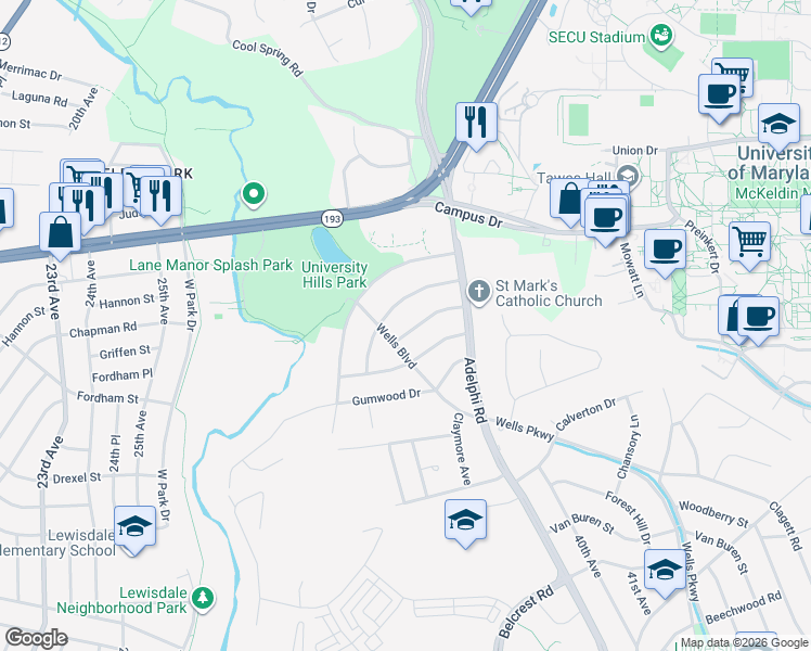 map of restaurants, bars, coffee shops, grocery stores, and more near 3404 Purdue Street in Hyattsville