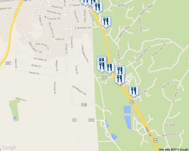 map of restaurants, bars, coffee shops, grocery stores, and more near 1200 South Woodland Avenue in Woodland Park