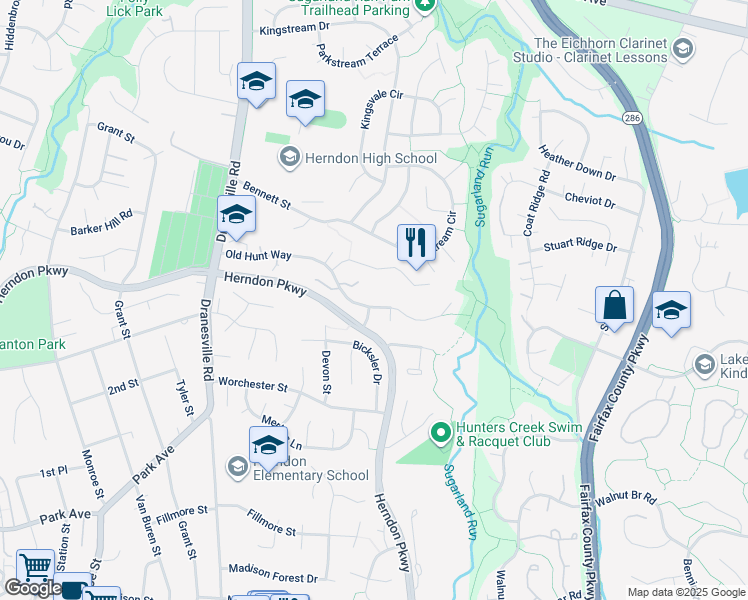 map of restaurants, bars, coffee shops, grocery stores, and more near 678 Old Hunt Way in Herndon