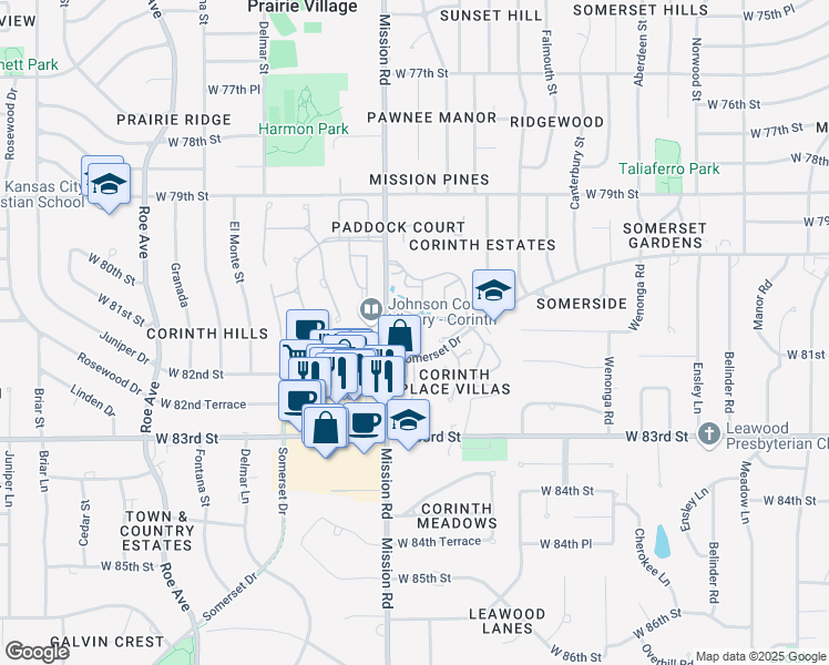 map of restaurants, bars, coffee shops, grocery stores, and more near 8101 Mission Road in Prairie Village