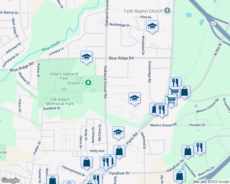 map of restaurants, bars, coffee shops, grocery stores, and more near 2407 Oakfield Drive in Columbia