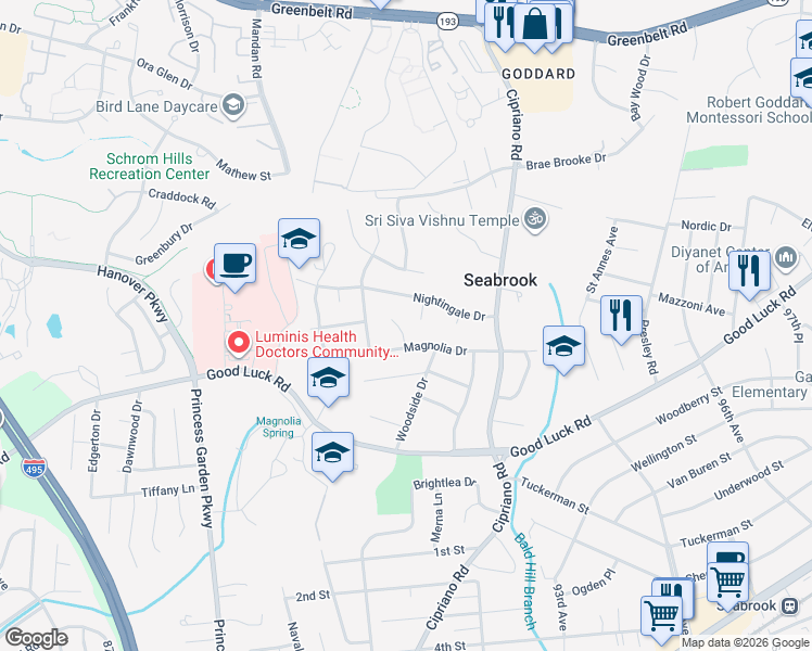 map of restaurants, bars, coffee shops, grocery stores, and more near 7005 Blue Bird Court in Lanham