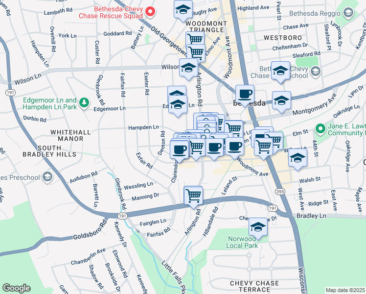 map of restaurants, bars, coffee shops, grocery stores, and more near 5018 Elm Street in Bethesda