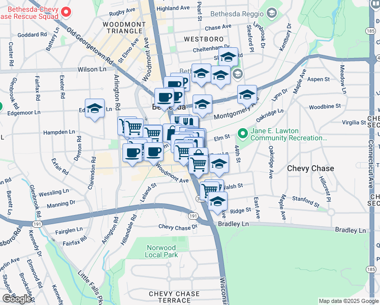 map of restaurants, bars, coffee shops, grocery stores, and more near 7201 Wisconsin Avenue in Bethesda