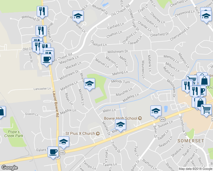 map of restaurants, bars, coffee shops, grocery stores, and more near 12316 Melody Turn in Bowie
