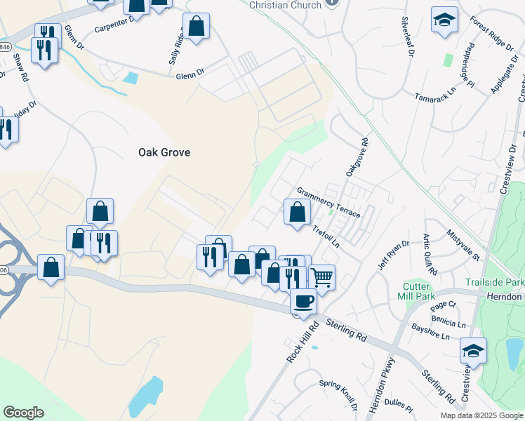 map of restaurants, bars, coffee shops, grocery stores, and more near 22910 Chinkapin Oak Terrace in Sterling