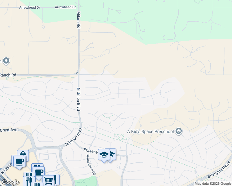 map of restaurants, bars, coffee shops, grocery stores, and more near 5415 Old Ranch Road in Colorado Springs