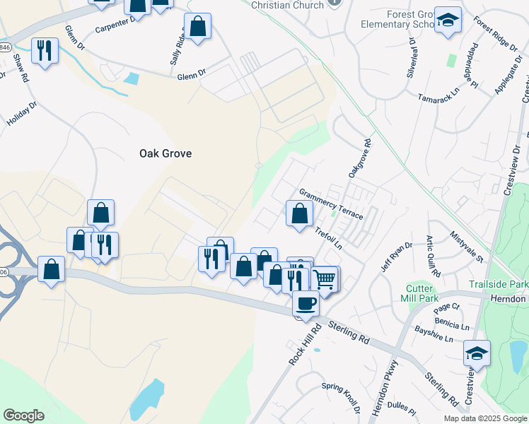map of restaurants, bars, coffee shops, grocery stores, and more near 22910 Chinkapin Oak Terrace in Sterling