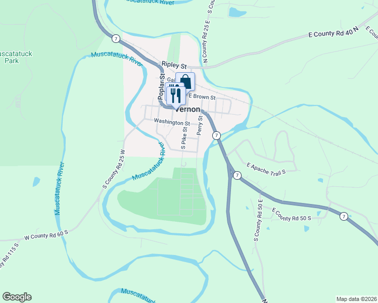 map of restaurants, bars, coffee shops, grocery stores, and more near South Street in Vernon