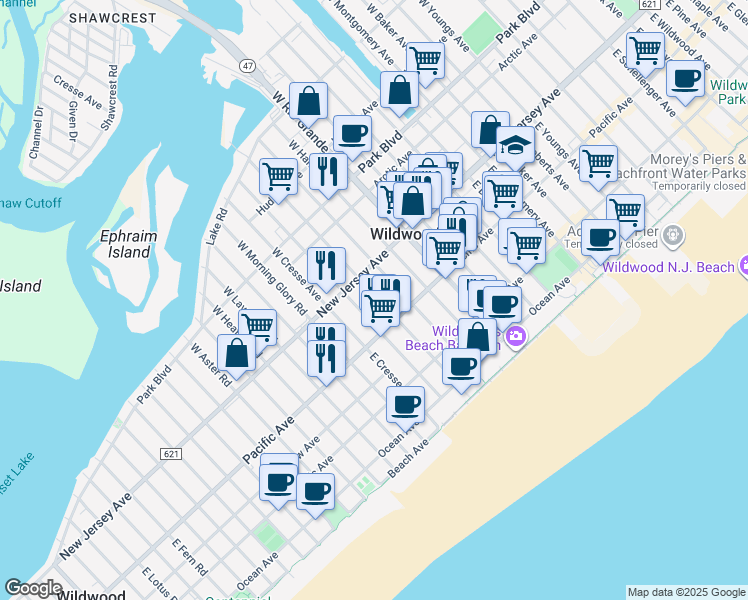 map of restaurants, bars, coffee shops, grocery stores, and more near 124 East Bennett Avenue in Wildwood