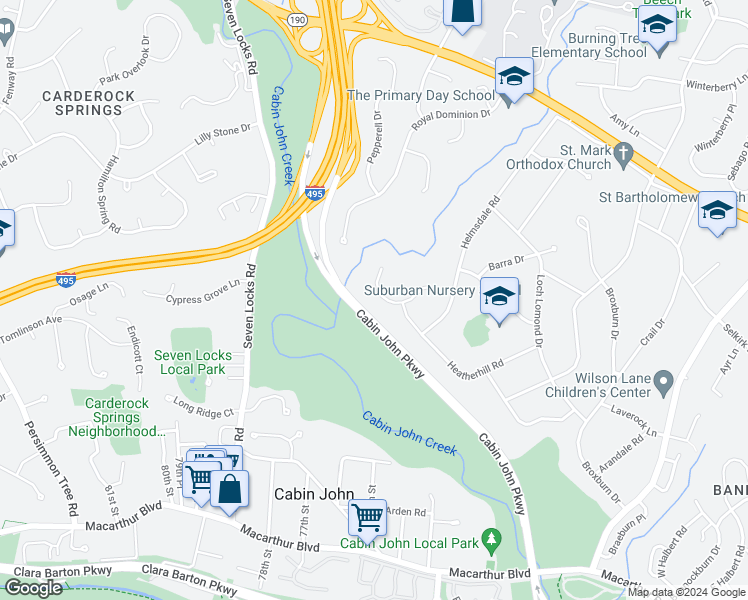 map of restaurants, bars, coffee shops, grocery stores, and more near 7342 Heatherhill Court in Bethesda