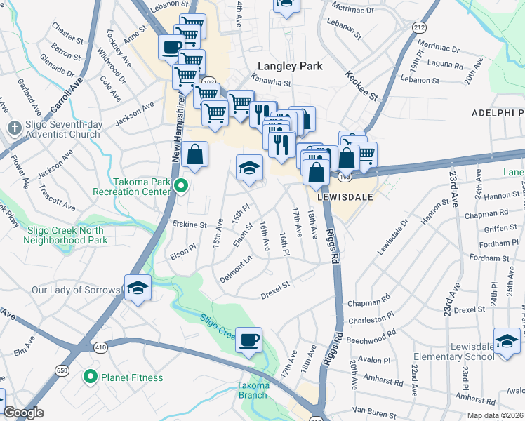 map of restaurants, bars, coffee shops, grocery stores, and more near 7501 16th Ave in Takoma Park