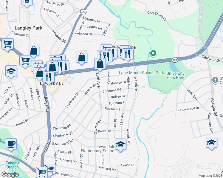 map of restaurants, bars, coffee shops, grocery stores, and more near 2402 Chapman Road in Hyattsville