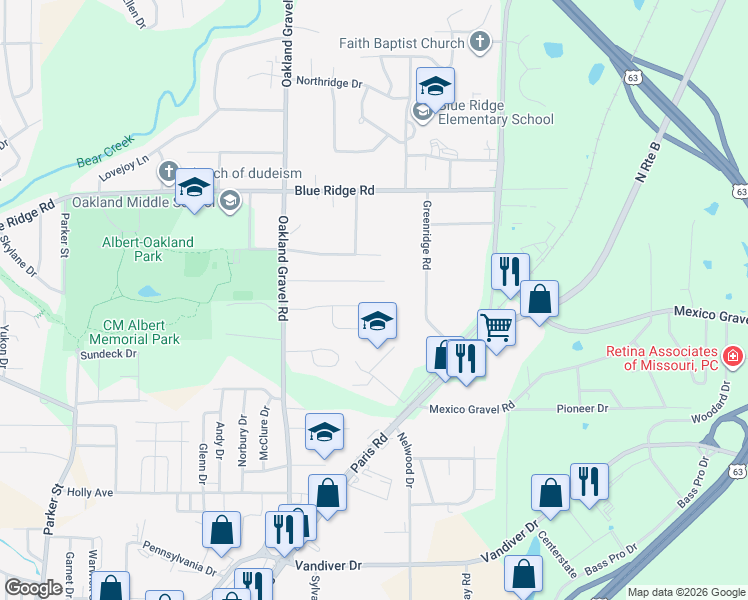 map of restaurants, bars, coffee shops, grocery stores, and more near 2607 Oakfield Drive in Columbia