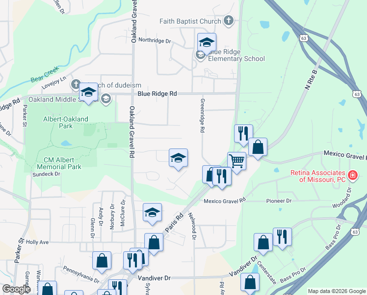 map of restaurants, bars, coffee shops, grocery stores, and more near 2607 Oakfield Dr in Columbia