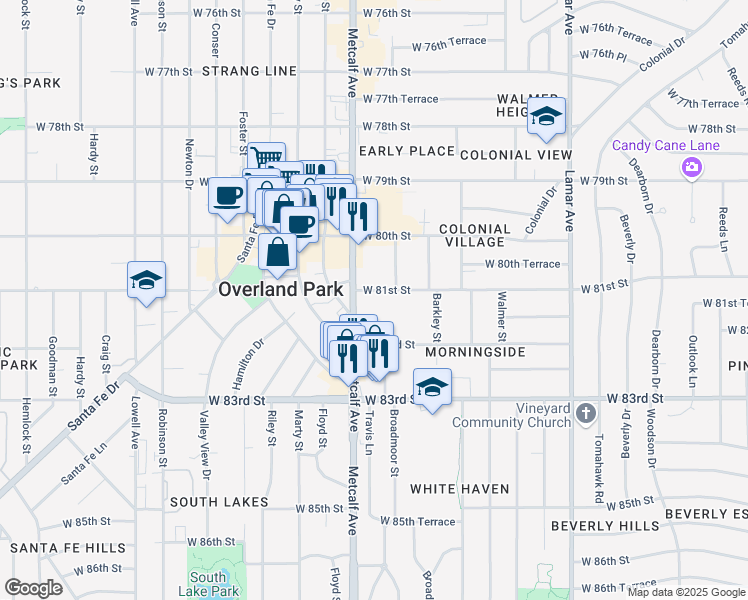 map of restaurants, bars, coffee shops, grocery stores, and more near 6921 West 81st Street in Overland Park