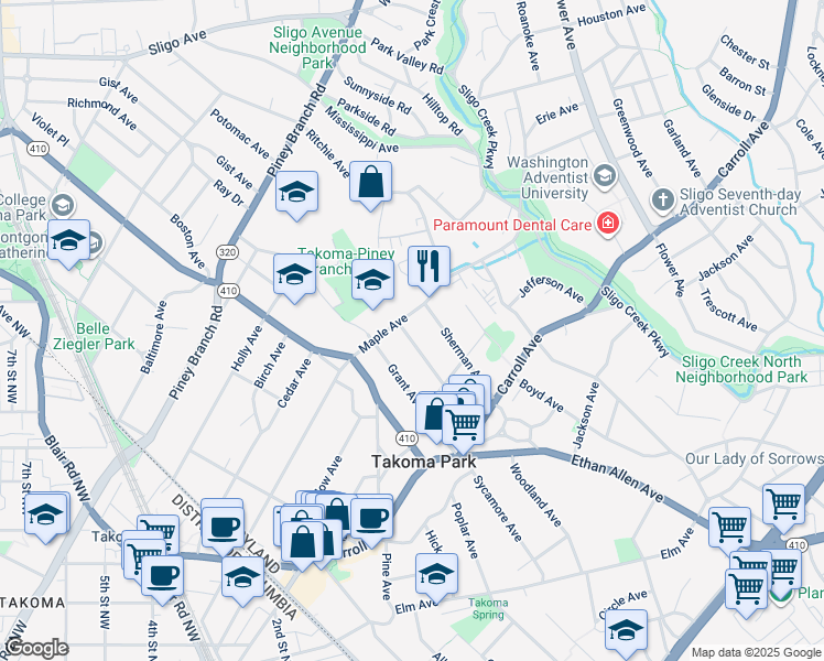 map of restaurants, bars, coffee shops, grocery stores, and more near 127 Lee Avenue in Takoma Park