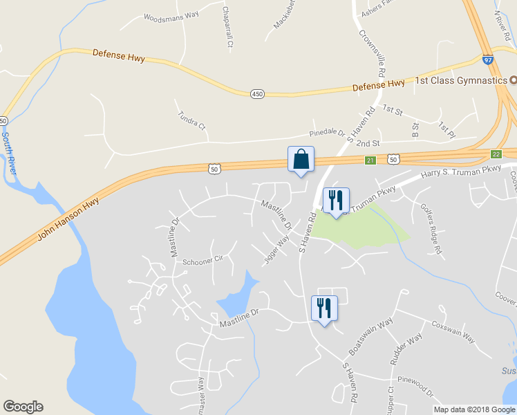 map of restaurants, bars, coffee shops, grocery stores, and more near 911 Mastline Drive in Annapolis