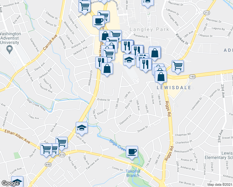 map of restaurants, bars, coffee shops, grocery stores, and more near 7310 15th Avenue in Takoma Park