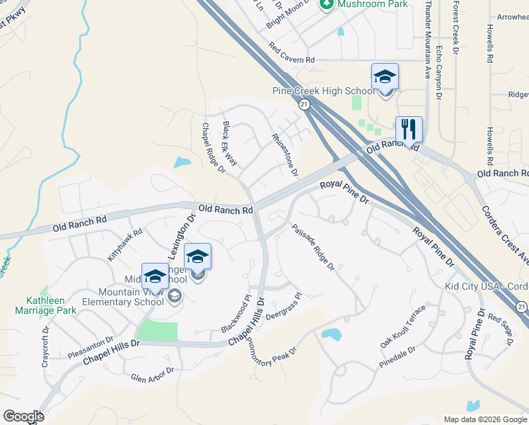 map of restaurants, bars, coffee shops, grocery stores, and more near 2977 Sovereign View in Colorado Springs