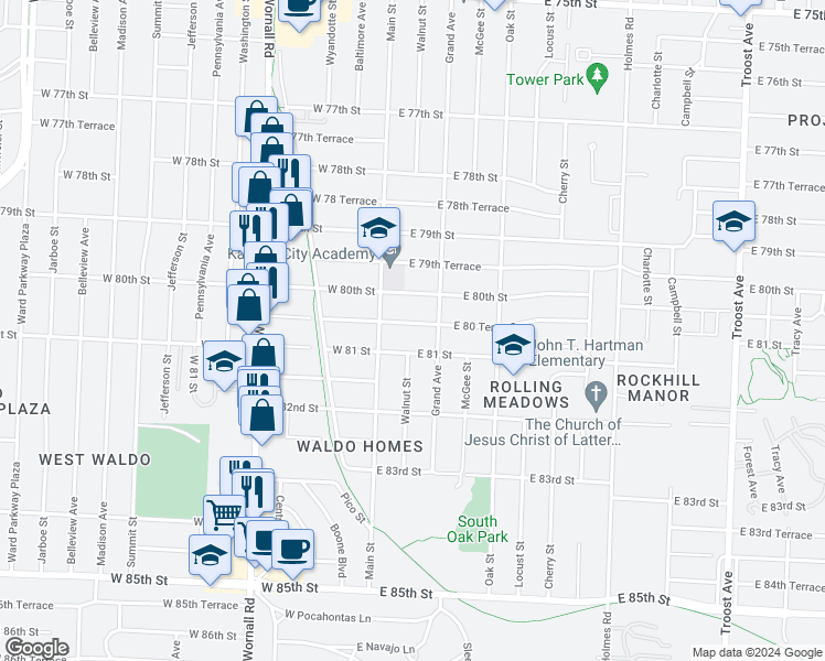 map of restaurants, bars, coffee shops, grocery stores, and more near 105 East 80 Terrace in Kansas City