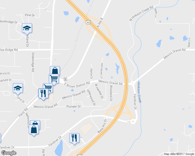 map of restaurants, bars, coffee shops, grocery stores, and more near 3415 Mexico Gravel Road in Columbia