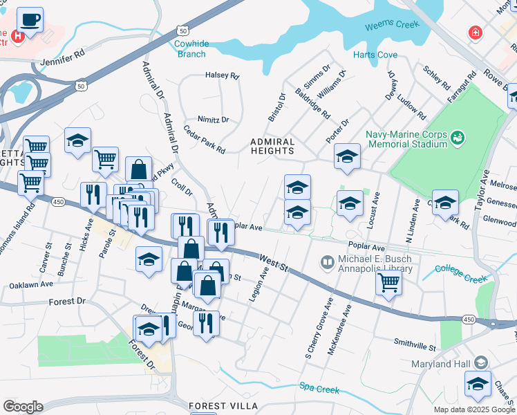 map of restaurants, bars, coffee shops, grocery stores, and more near 210 Gross Avenue in Annapolis