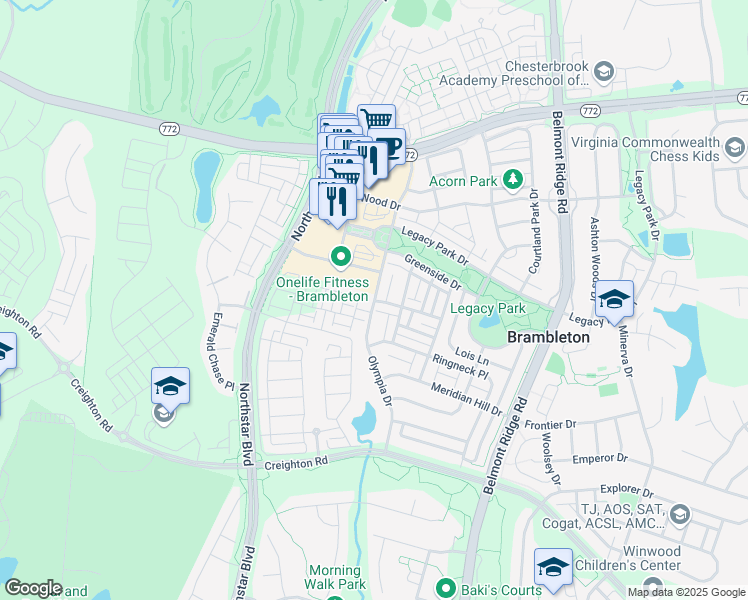 map of restaurants, bars, coffee shops, grocery stores, and more near Olympia Drive in Ashburn