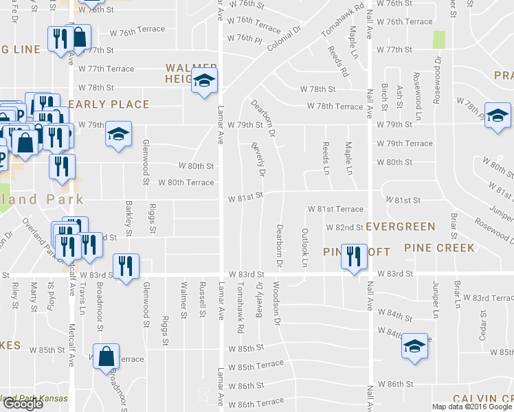 map of restaurants, bars, coffee shops, grocery stores, and more near 8104 Beverly Drive in Prairie Village