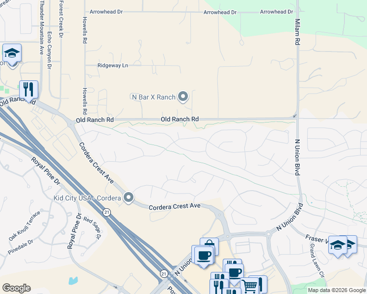 map of restaurants, bars, coffee shops, grocery stores, and more near 4452 Captain Jack Lane in Colorado Springs