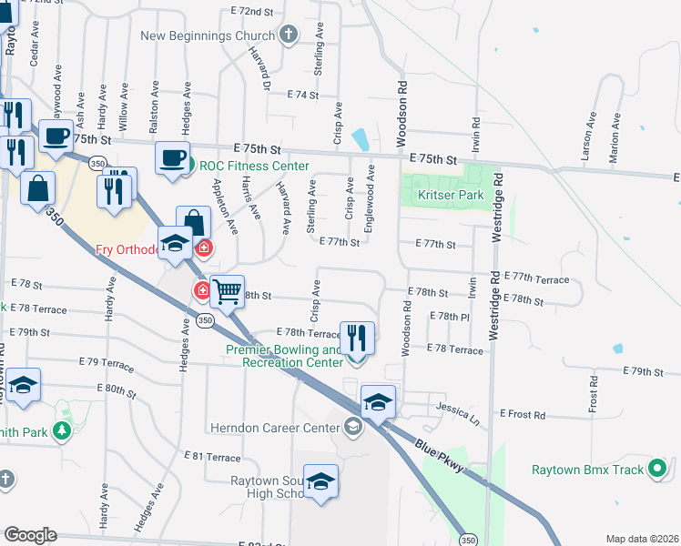 map of restaurants, bars, coffee shops, grocery stores, and more near 11311 East 77th Terrace in Raytown