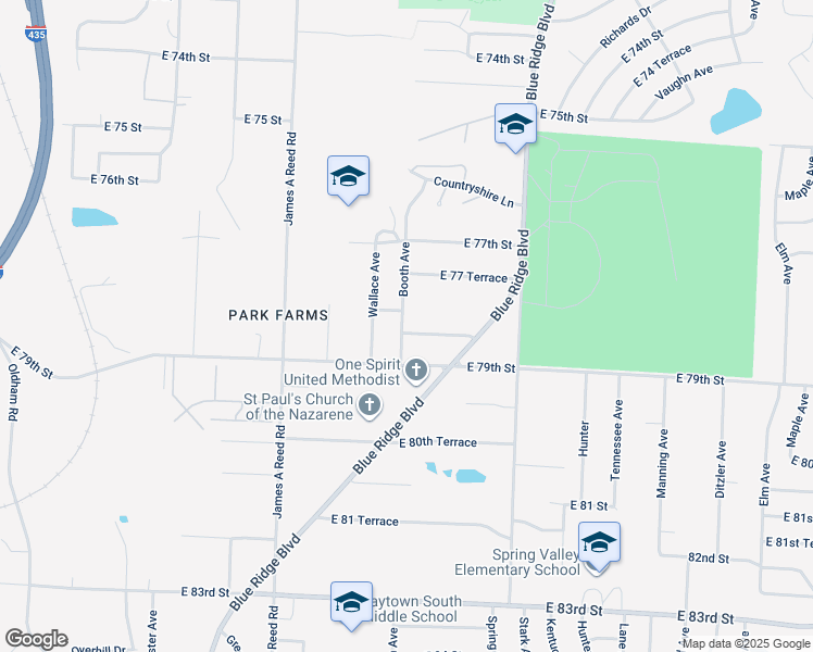 map of restaurants, bars, coffee shops, grocery stores, and more near 7800A Booth Avenue in Kansas City