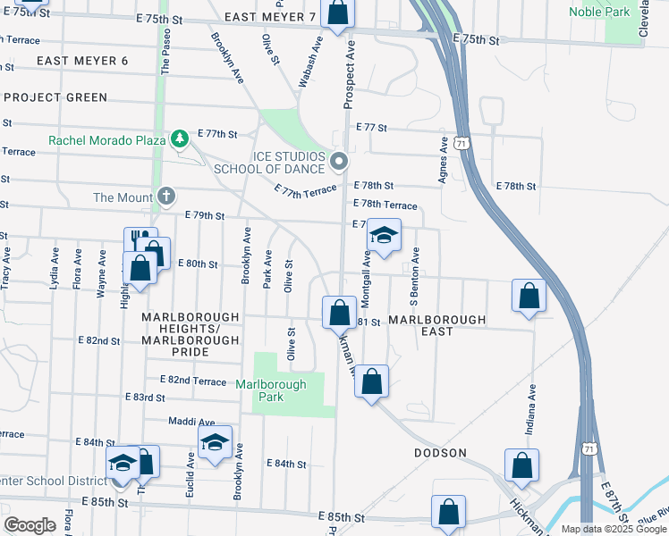 map of restaurants, bars, coffee shops, grocery stores, and more near 7947 Hickman Mills Drive in Kansas City