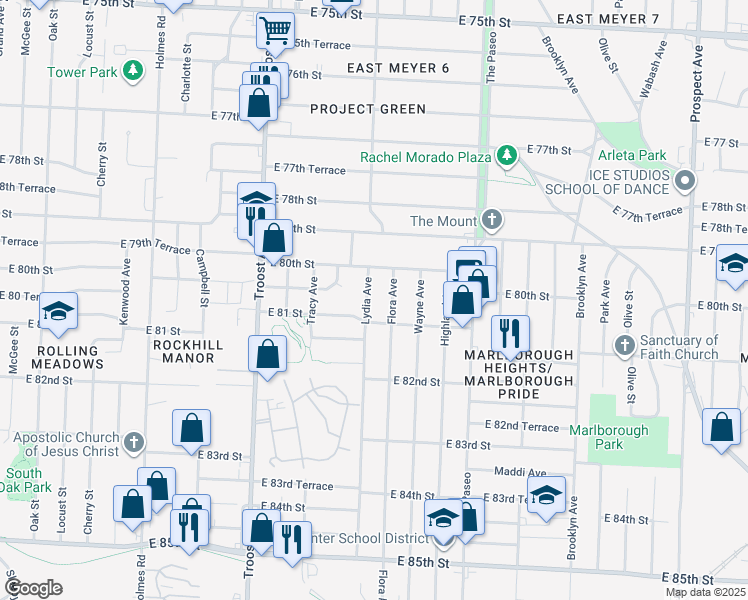 map of restaurants, bars, coffee shops, grocery stores, and more near 8022 Flora Avenue in Kansas City