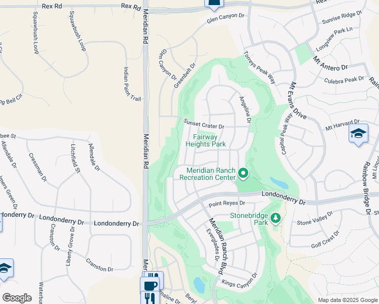 map of restaurants, bars, coffee shops, grocery stores, and more near 10453 Cedar Breaks Drive in Peyton