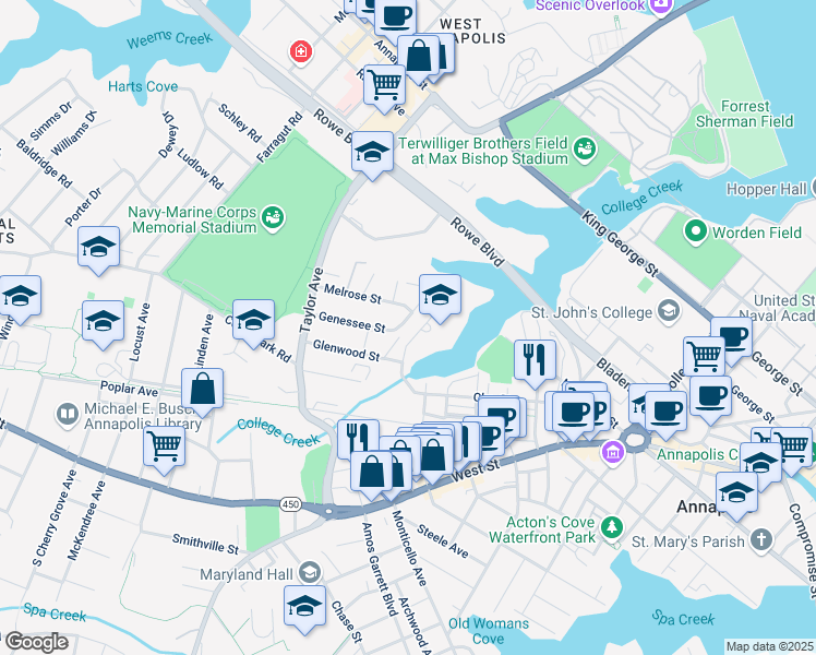 map of restaurants, bars, coffee shops, grocery stores, and more near 697 Genessee Street in Annapolis