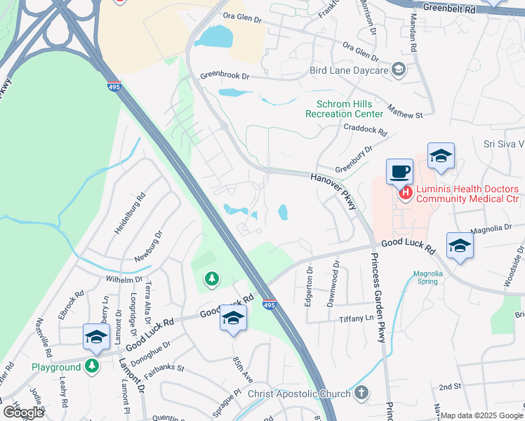 map of restaurants, bars, coffee shops, grocery stores, and more near 6720 Village Park Drive in Greenbelt
