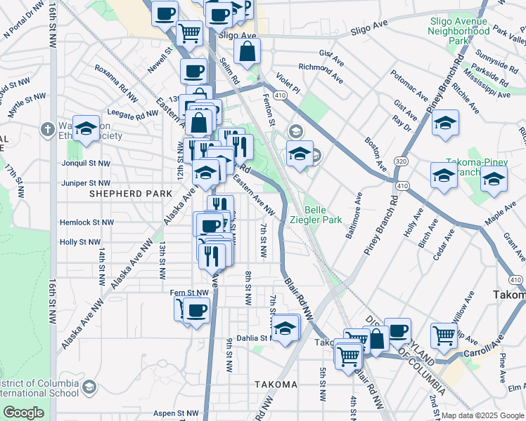 map of restaurants, bars, coffee shops, grocery stores, and more near 7506 Eastern Avenue Northwest in Washington